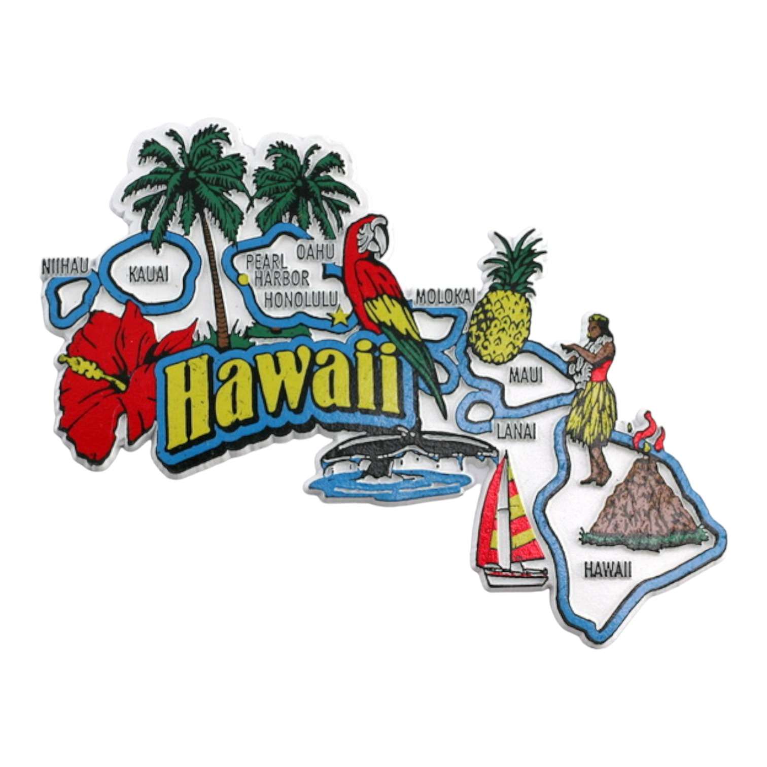 Hawaii State Map & Landmarks Collage Fridge Magnet - Collectible Souvenir
